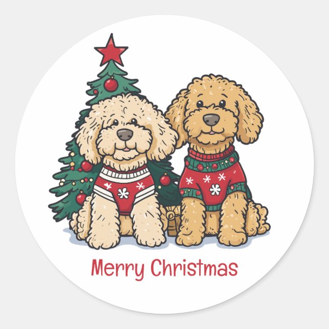 Adesivo Feliz Natal Cachorros de Goldendoodle (Frente)
