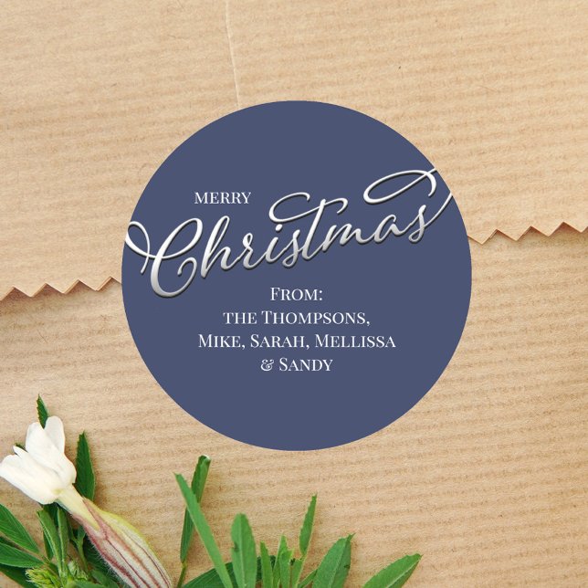 Adesivo Feliz Natal Caligrafia Marinho de inverno Xadrez a (Simple Merry Christmas holiday silver calligraphy circle sticker. With a solid Navy Blue background )