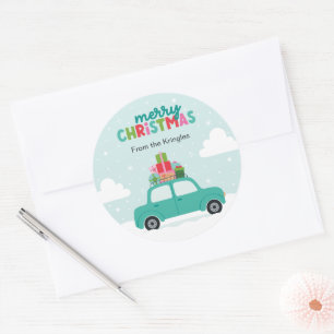 Adesivo Feliz Natal Carro com Presentes em Turquesa Pastel