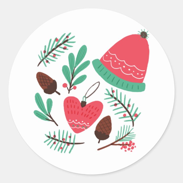 Adesivo Feliz Natal, Chapéu De Inverno E Pinecones (Frente)