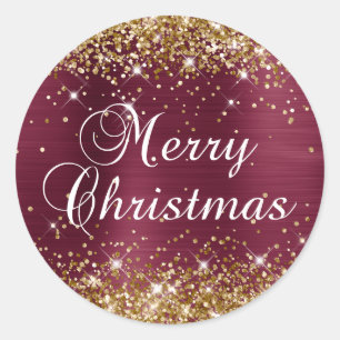 Adesivo Feliz Natal com Glitter Dourado e Folha de Burgund