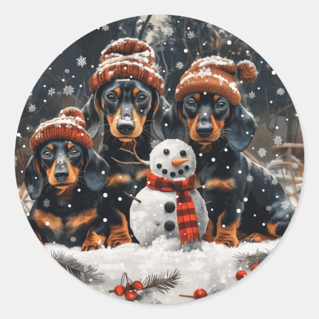 Adesivo Feliz Natal Dachshund Dogs Snowman (Frente)