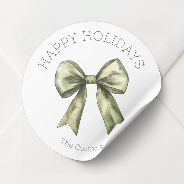 Adesivo Feliz Natal de Arco Verde de Aquarela (Happy Holidays Green Watercolor Bow Christmas Classic Round Sticker)