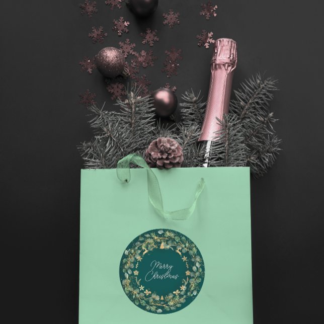 Adesivo Feliz Natal Deep Green Wreath Woodland Dourado (Merry Christmas Deep Green Wreath Woodland Gold Classic Round Sticker)