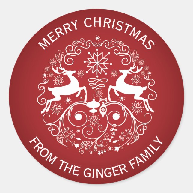 Adesivo Feliz Natal Deer e Swirls Round Sticker (Frente)