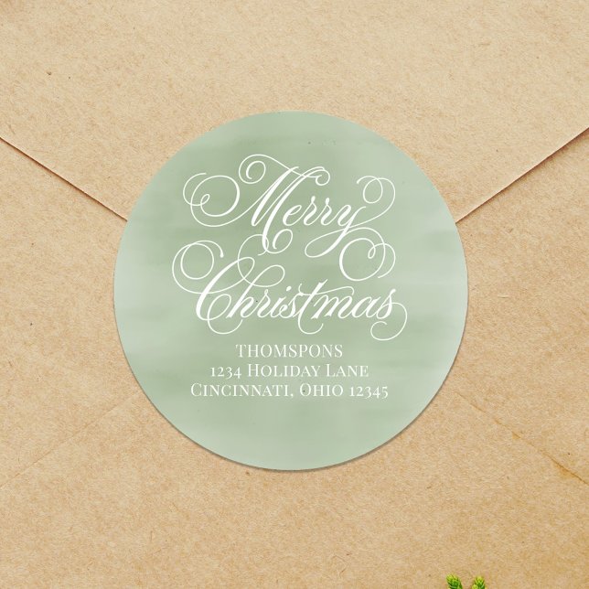 Adesivo Feliz Natal Devolve Endereço Verde (Merry Christmas calligraphy script return address label.)