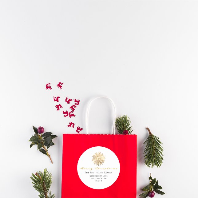 Adesivo Feliz Natal Do Nome Whit Dourado RSVP Snowflake (Merry Christmas From Name Whit Gold RSVP Snowflake Classic Round Sticker)