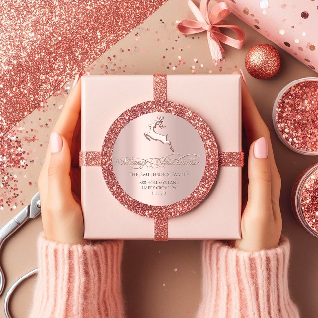 Adesivo Feliz Natal Do RSVP Rosa Deer Pink (Merry Christmas From RSVP Rose Deer Pink Classic Round Sticker)