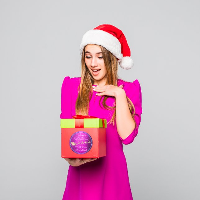 Adesivo Feliz Natal Dos Papais noeis Reindeer Rosa (Merry Christmas From Santa Reindeer Sleight Pink Classic Round Sticker)