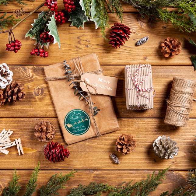 Adesivo Feliz Natal Dos Papais noeis Reindeer Verde (Merry Christmas From Santa Reindeer Sleight Green Classic Round Sticker)