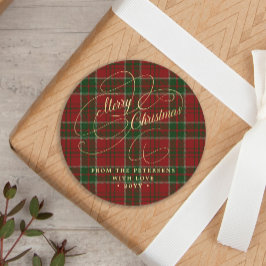 Adesivo Feliz Natal dourado script xadrez tartan vermelho
