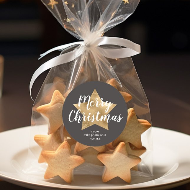 Adesivo Feliz Natal Dourado Star Brown (Merry Christmas Gold Star Brown Classic Round Sticker)