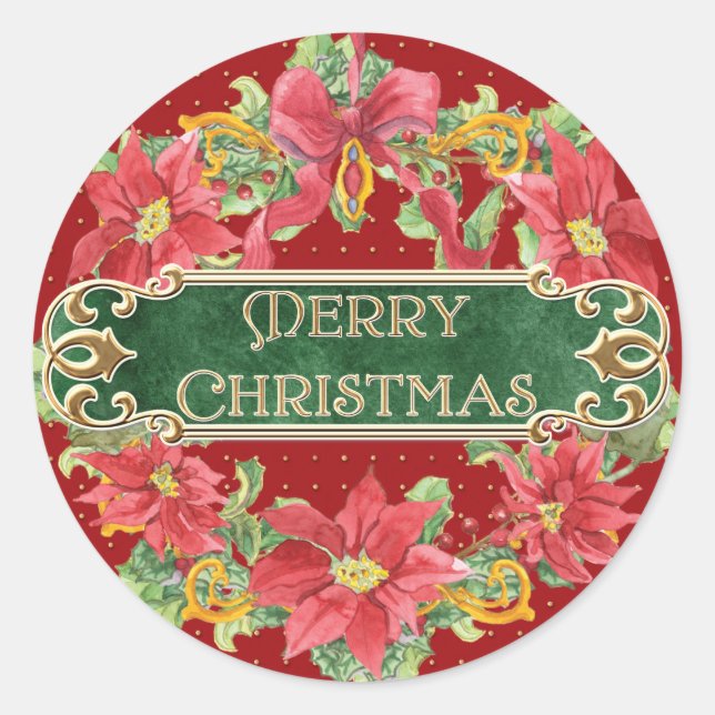Adesivo Feliz Natal Dourado Swirl Poinsettia Wreath Jewel (Frente)
