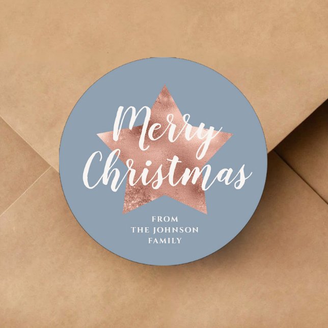 Adesivo Feliz Natal Dusty Blue Rosa Dourado Star (Merry Christmas Dusty Blue Rose Gold Star Classic Round Sticker)