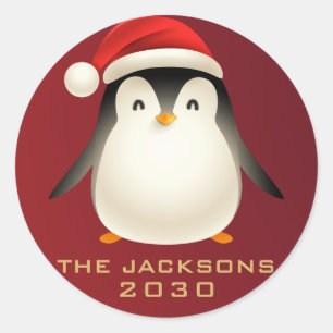 Adesivo Feliz Natal Elegante, Cute Penguin Vermelho Branco