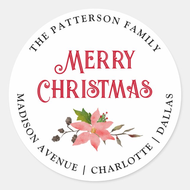 Adesivo Feliz Natal | Endereço de retorno Poinsettia Flora (Frente)
