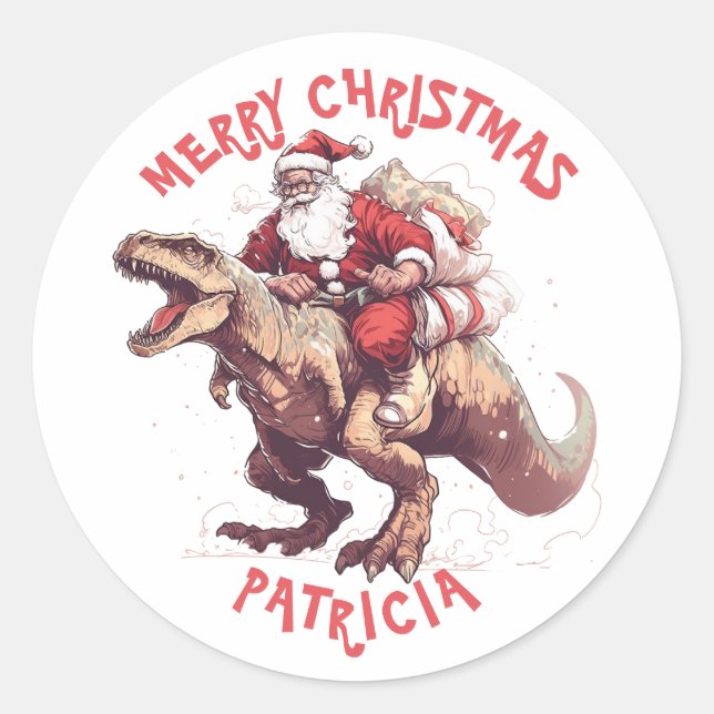Adesivo Feliz Natal Engraçado Papai Noel Andando Dinossaur (Frente)