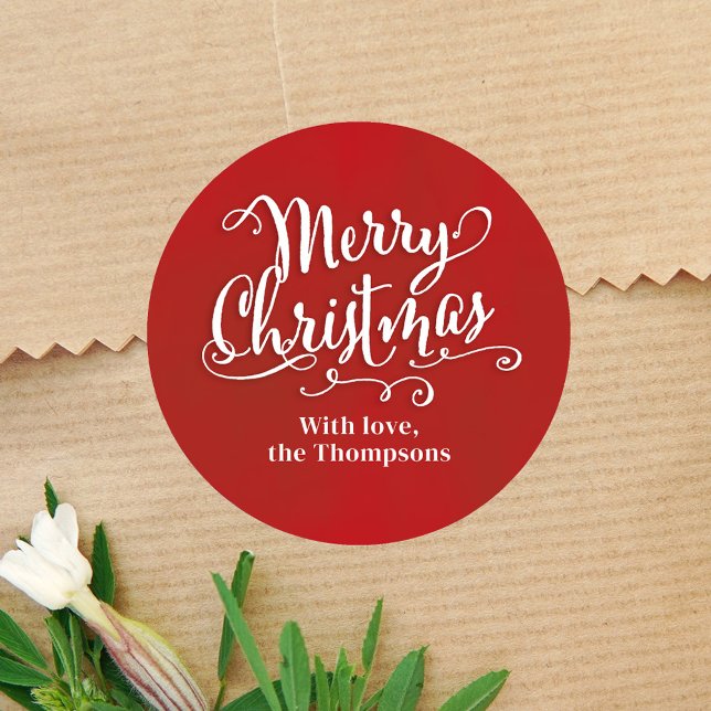 Adesivo Feliz Natal - Escrito Vermelho Cinto Personalizado (Merry Christmas red and white typography gift stickers. )