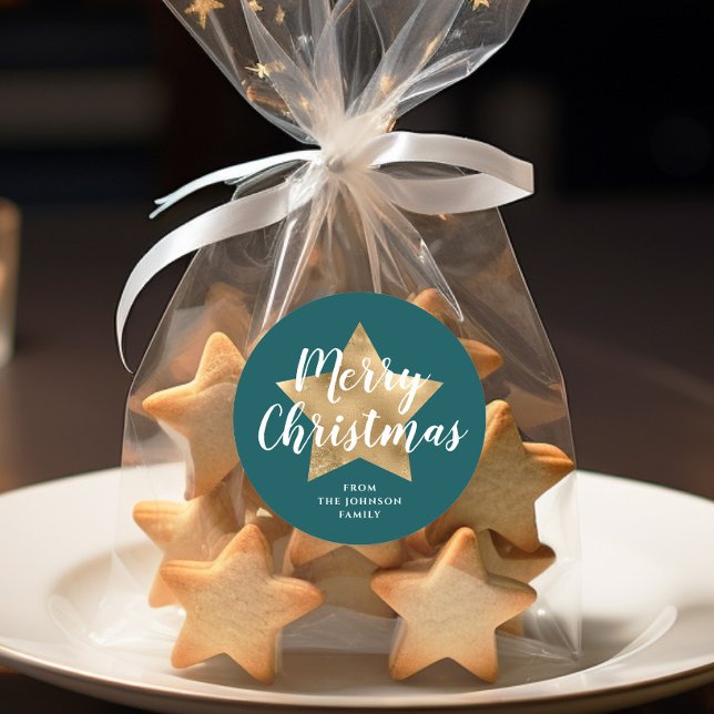 Adesivo Feliz Natal Estrela Dourada Verde (Merry Christmas Gold Star Green Classic Round Sticker)