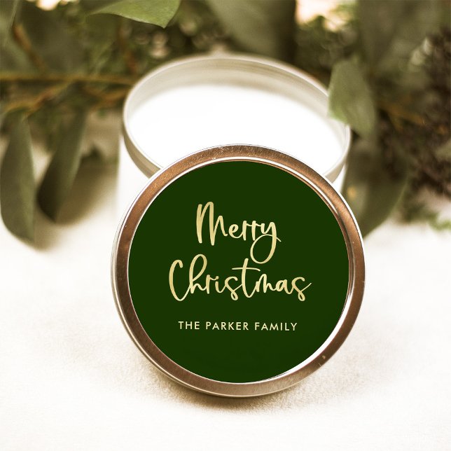 Adesivo Feliz Natal | Faux Dourado no Green Casual Script (Elegant green Christmas stickers with faux gold script)