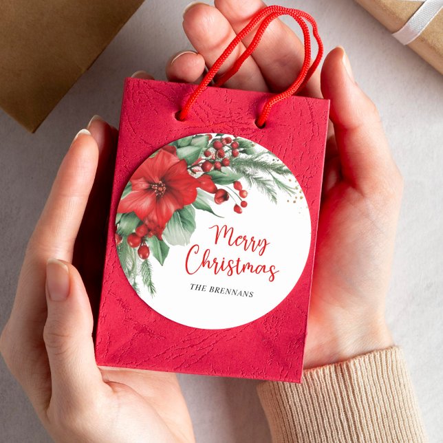 Adesivo Feliz Natal Feriado Botânico Vermelho (Merry Christmas Botanical Red Holiday Classic Round Sticker)