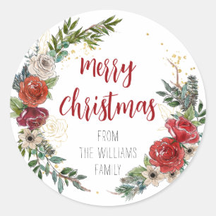 Adesivo Feliz Natal Feriado Floral Wreath Rosa vermelha