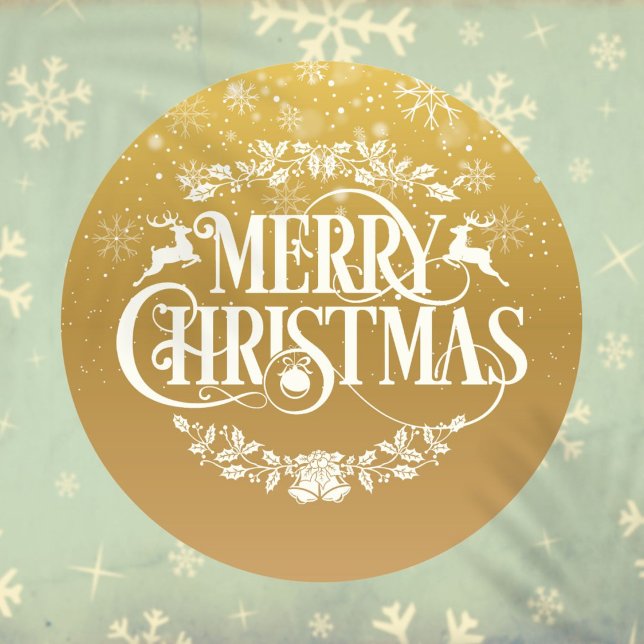 Adesivo Feliz Natal Flocos de Neve Dourados (Gold Merry Christmas Snowflakes Classic Round Sticker)
