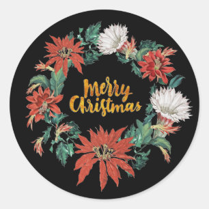 Adesivo Feliz Natal Floral Poinsettia Wreath em Preto