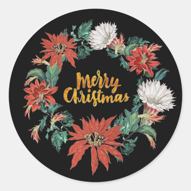 Adesivo Feliz Natal Floral Poinsettia Wreath em Preto (Frente)
