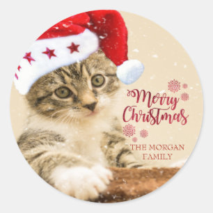 Adesivo Feliz Natal,Gato Com Chapéu De Papai Noel