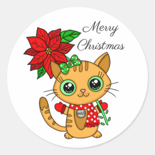 Adesivo Feliz Natal Gato Laranja com Poinsettia