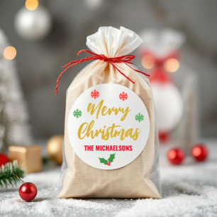 Adesivo Feliz Natal Holly Snowflakes Nome da Família