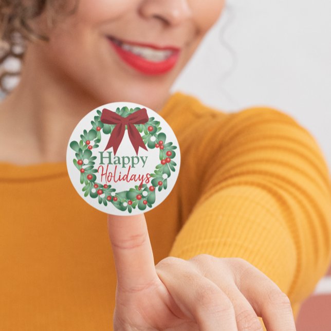 Adesivo Feliz Natal Holly Wreath (Happy Holidays Christmas Holly Wreath Classic Round Sticker)