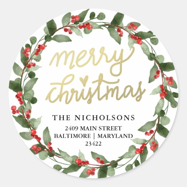Adesivo Feliz Natal Holly Wreath | Endereço de devolução (Frente)