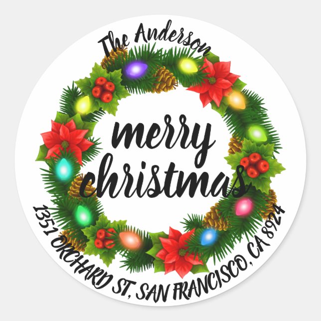 Adesivo Feliz Natal Holly Wreath Endereço de Devolução (Frente)