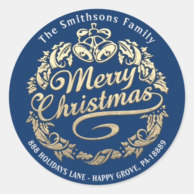 Adesivo Feliz Natal Holly Wreath RSVP Dourado Royal Blue (Frente)