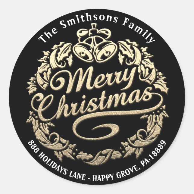 Adesivo Feliz Natal Holly Wreath RSVP Preto Dourado (Frente)