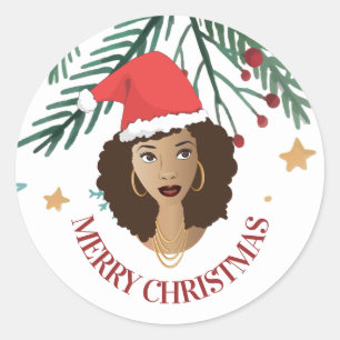 Adesivo Feliz Natal, Mulher Negra, Chapéu Vermelho de San