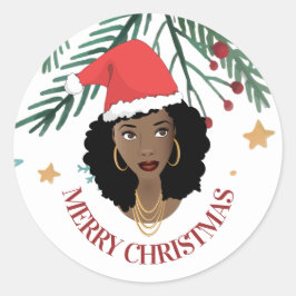 Adesivo Feliz Natal, Mulher Negra, Chapéu Vermelho de Sant