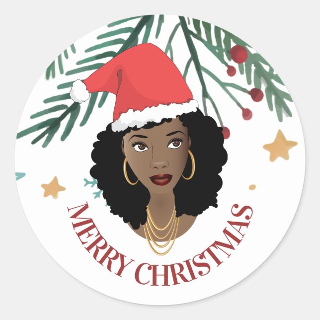 Adesivo Feliz Natal, Mulher Negra, Chapéu Vermelho de Sant (Frente)