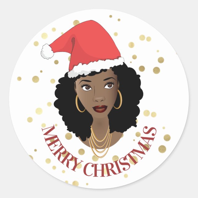 Adesivo Feliz Natal Mulher Negra Red Santa Hat Ponto Doura (Frente)