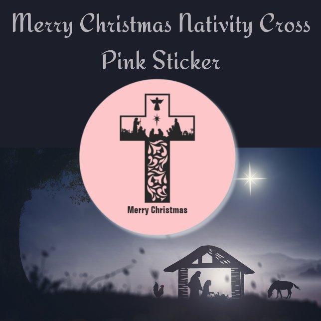 Adesivo Feliz Natal Natividade Cross Pink (Merry Christmas Nativity Cross Pink Classic Round Sticker)