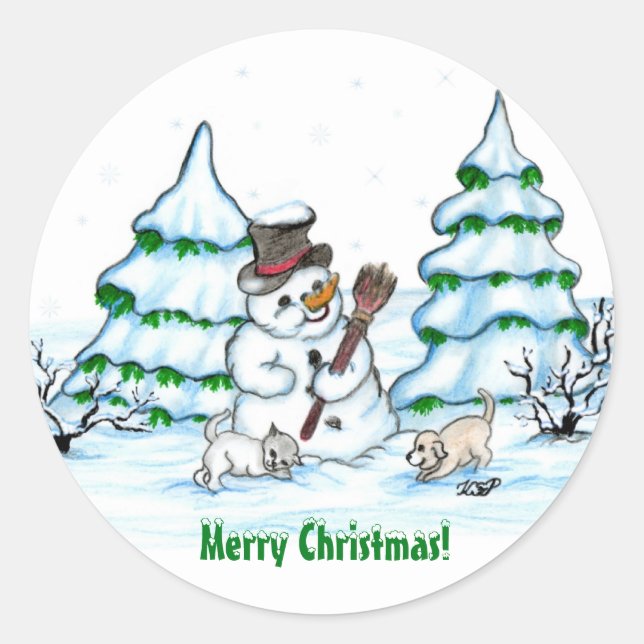 Adesivo Feliz Natal! Neve com Cat e Puppy (Frente)