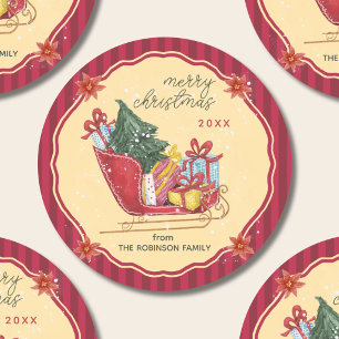 Adesivo Feliz Natal Nome da Família Trenó Listras Vermelha