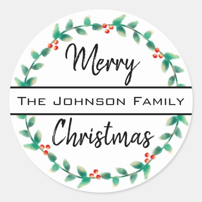 Adesivo Feliz Natal Nome Pessoal da Família Holly Wreath (Frente)