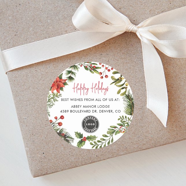 Adesivo Feliz Natal para os logotipos de negócios (Botanical Red Berries Business Logo Happy Holidays Christmas Round Sticker)