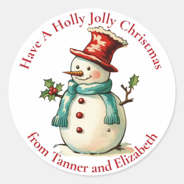 Adesivo Feliz Natal Personalizado de Holly Jolly Snowman (Frente)