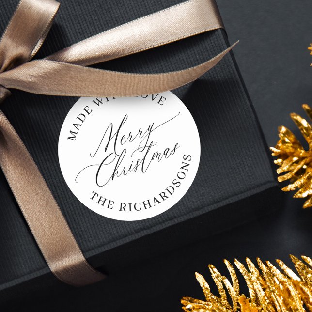 Adesivo Feliz Natal Personalizado Feito Com Amor Branco (Personalized Merry Christmas Made With Love White Classic Round Sticker)