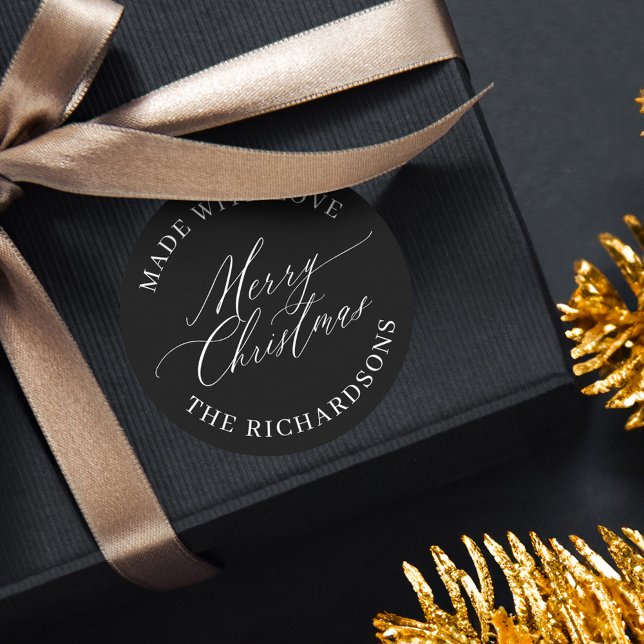Adesivo Feliz Natal Personalizado Feito Com Amor Preto (Personalized Merry Christmas Made With Love Black Classic Round Sticker)