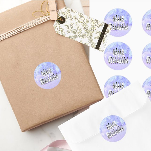 Adesivo Feliz Natal, Pessoas de neve, neve azul (Merry Christmas Snow People Font, Blue Tint Snow Classic Round Stickers)